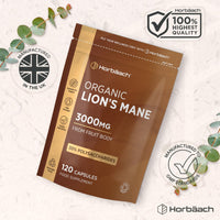 Horbäach Organic Lions Mane Supplement 3000mg | High Strength | Certified Organic by The Soil Association | Mushroom Fruiting Bodies Extract | 120 Vegan Capsules | by Horbaach