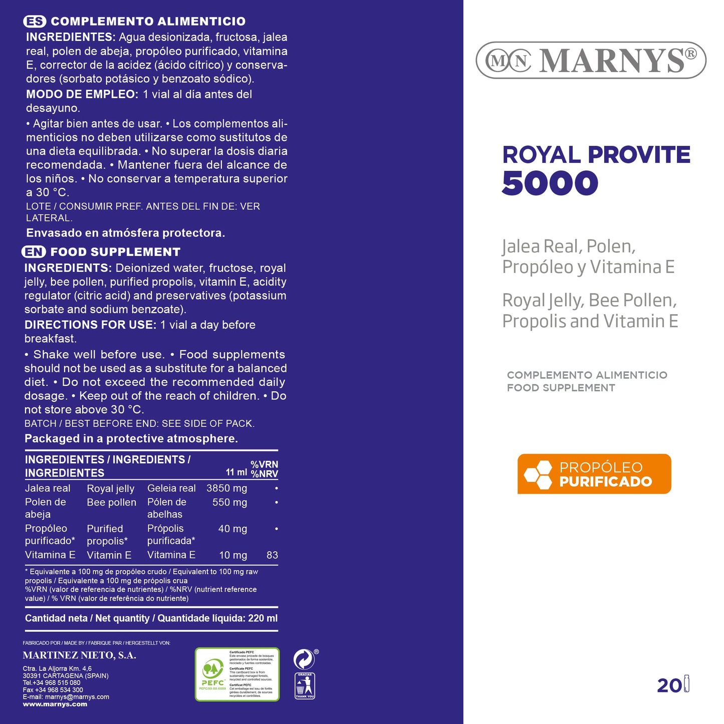 Marny's Marny's Pure Real Jelly 3,850 mg - Royal Provite 5000 - Maximum Energy for Special Periods - 20 Vials 415 g