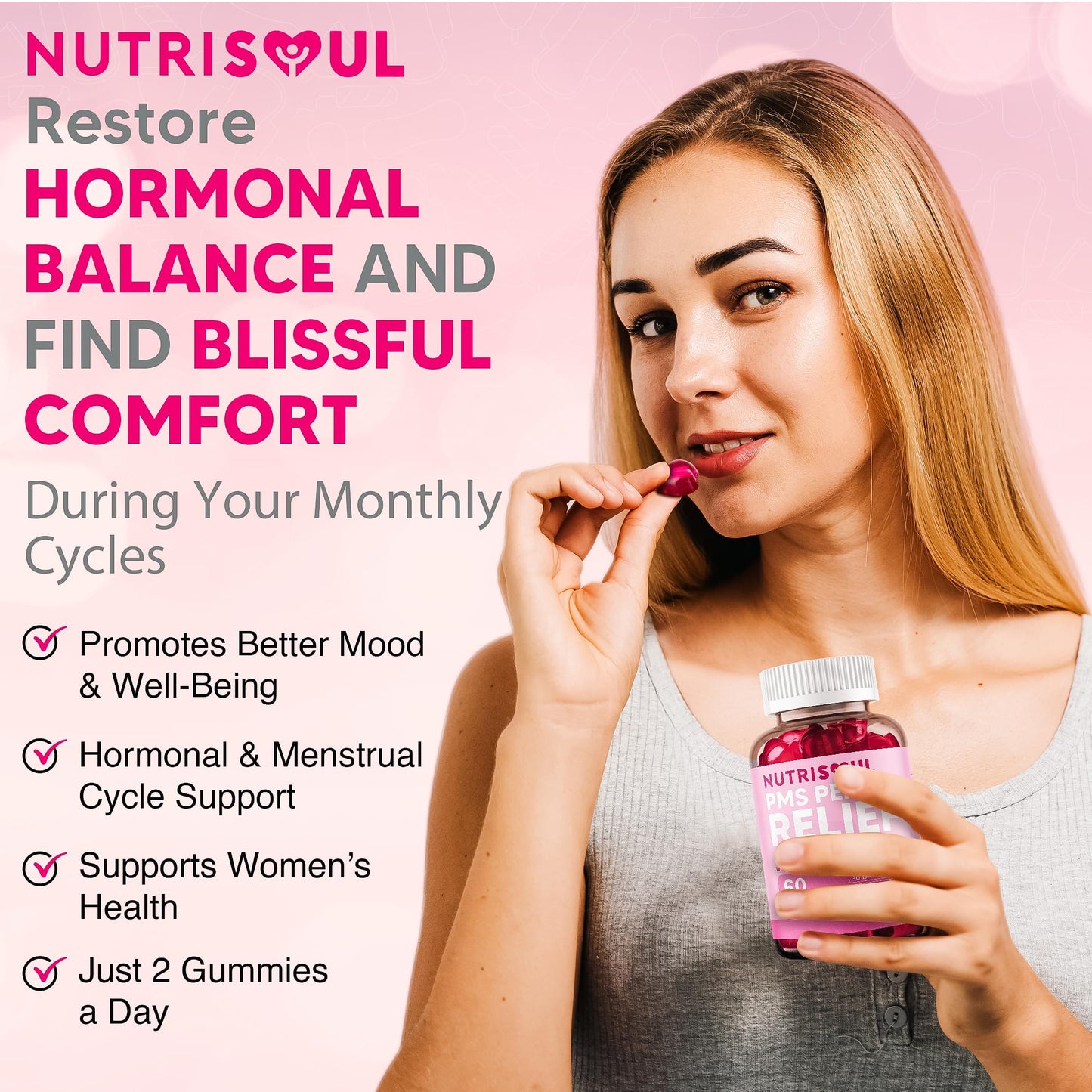 nutrisoul PMS Period Relief Gummies | Supplement for Women | 2000mg Magnesium with Vitamins B6, E, D3 | 60 Non-GMO, Cold Pressed, Vegan, Gluten Free Capsules with Chasteberry Extract | Natural Ingredients