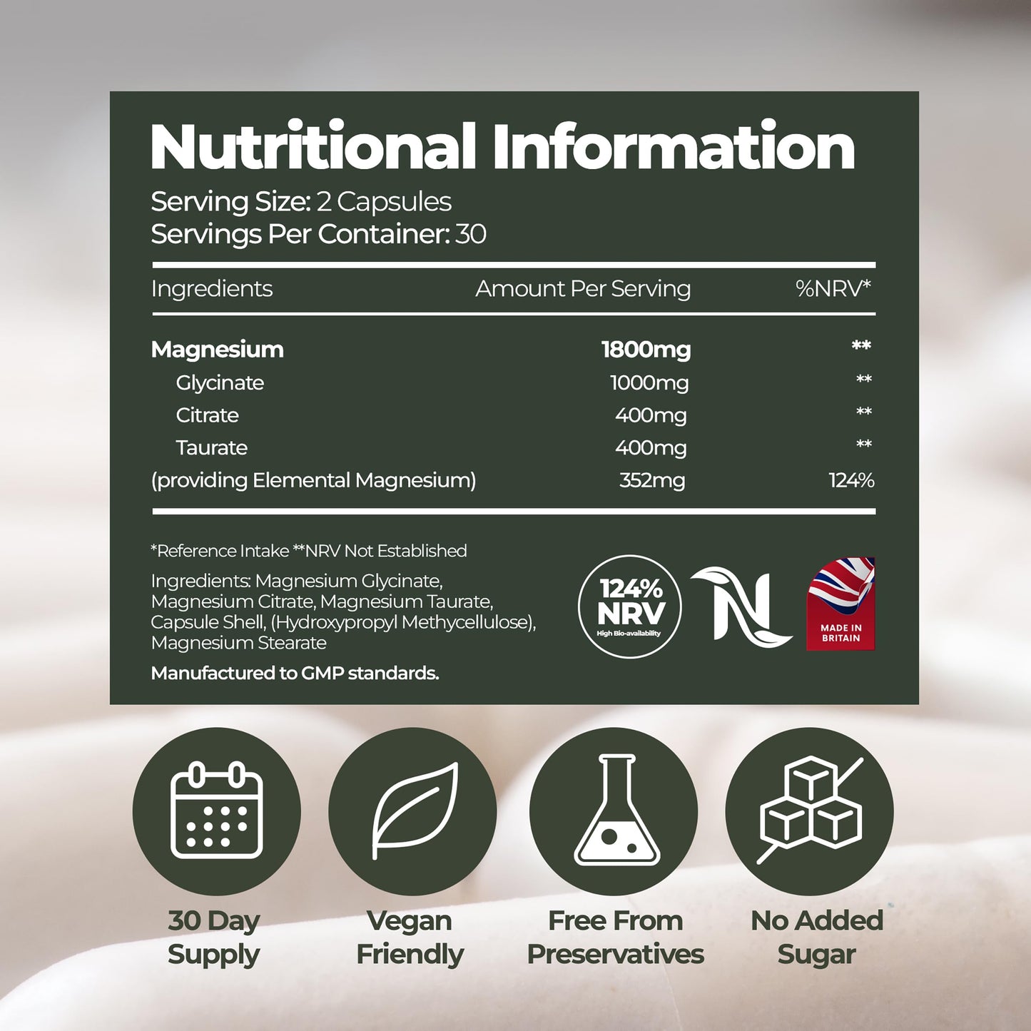 Nutrality Magnesium 3-in-1 Complex Food Supplement | 1800mg High Absorption Glycinate, Citrate and Taurate | 352mg Elemental Magnesium | Muscle, Sleep & Nerve Support | Made in UK | 60 Vegan Capsules