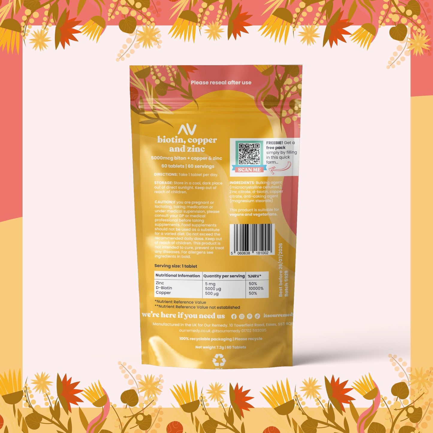 OUR REMEDY we all have our ups and downs Our Remedy 5000mcg Biotin + Zinc + Copper Complex — Enhanced Formula for Hair Growth, Skin Radiance, and Nail Strength — Women's Owned Business, British-Made Supplements for Men and Women — 60 Tablets