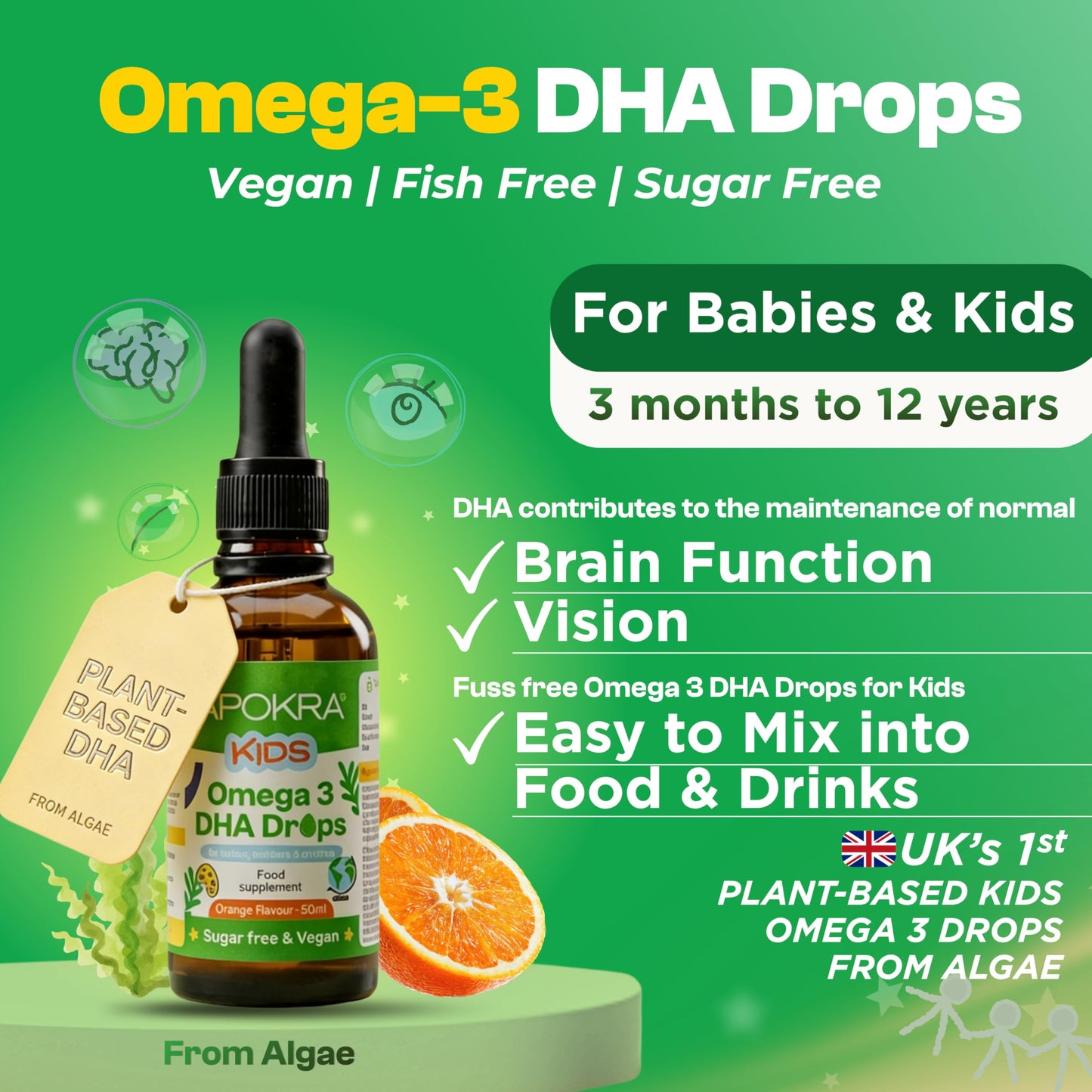 Apokra APOKRA Kids Omega 3 Vegan DHA Drops | Liquid Algae Oil Omega-3 for Children | Plant-Based Fish Oil Supplements Alternative | No Fishy Taste, Sugar & Preservative Free | Natural Orange Flavour | 50ml