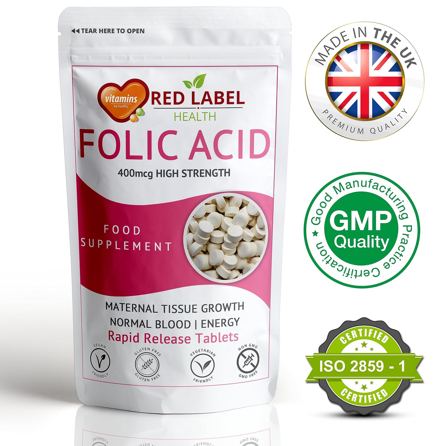 Red Label Health Folic Acid Pregnancy Tablets 400 mcg, 30 Vitamin B9 Tablets (1 Month Supply) High Strength Folate Fertility Supplement for Women, Vegan, Vegetarian, Made in The UK