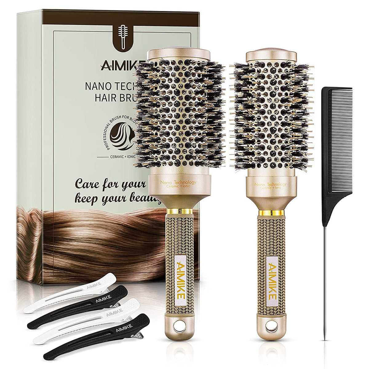AIMIKE Round Brush, Nano Thermal Ceramic & Ionic Tech Hair Brush, Small Round Barrel Brush with Boar Bristles for Blow Drying, Styling, Curling and Shine (2.4 inch, Barrel 1.3 inch) + 4 Free Clips