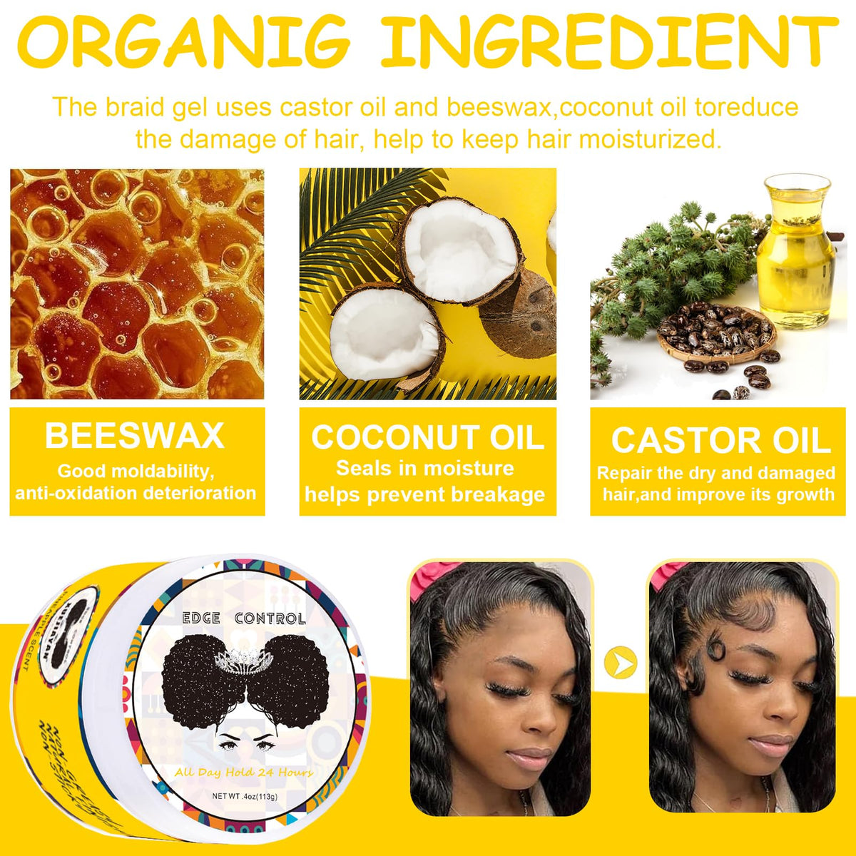 Fashion Base Edge Control Wax for Black Women - Edge Control Gel for Afro Hair - Strong Hold - Non-greasy - No White Residue - Afro Hair Products Gel (Pineapple Scent) 4 Ounces
