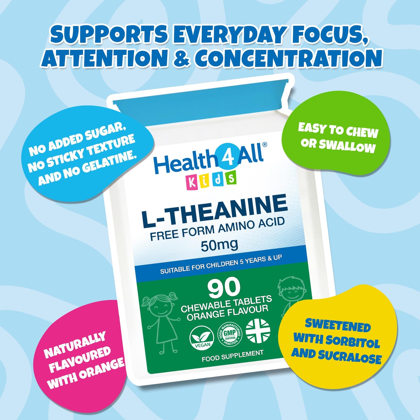 Health4All Kids L-Theanine 50mg 90 Chewable Tablets 3 Months Supply, Supports Focus, Attention & Concentration in Children, Orange Flavour Sugar-Free L-Theanine Supplement | Made in UK (not Gummies)