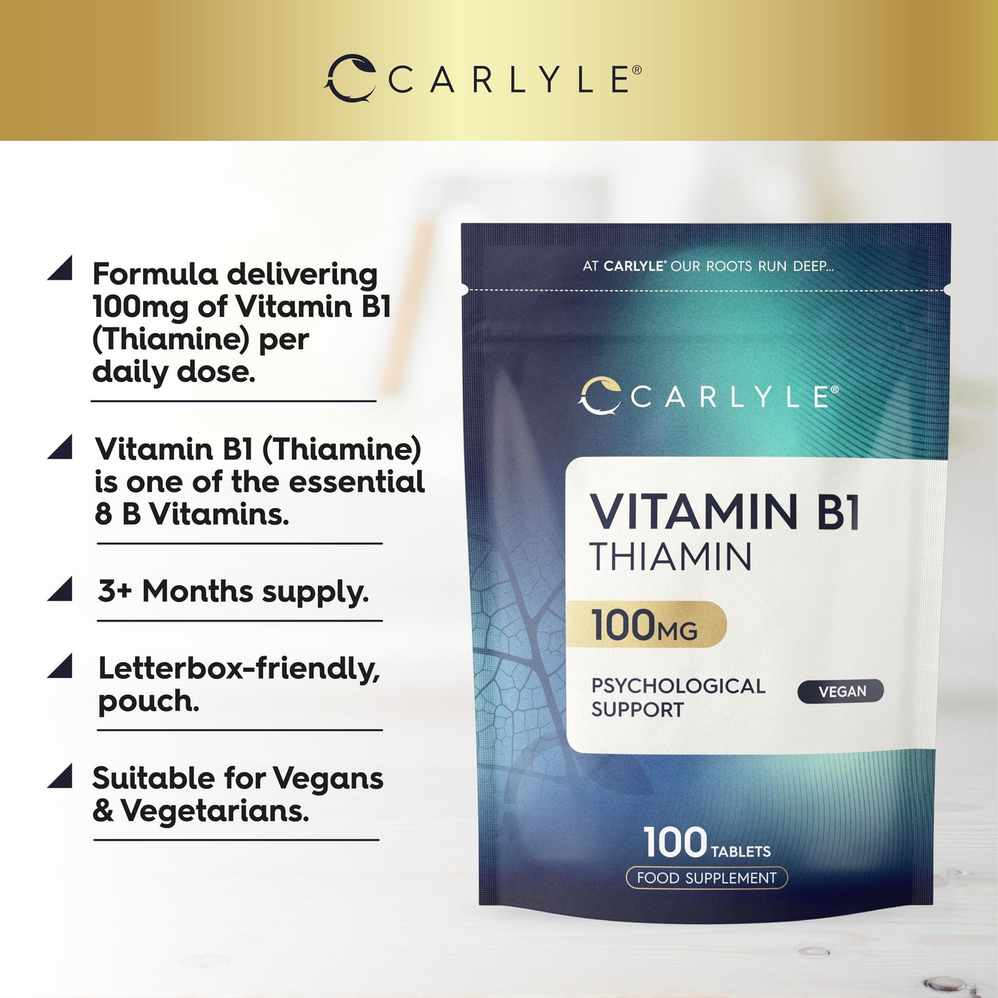 Vitamin B1 Thiamin 100mg Tablets | 100 Count (3+ Months Supply) | High Strength VIT B1 Thiamine Supplement | No Artificial Preservatives | by Carlyle