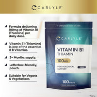 Vitamin B1 Thiamin 100mg Tablets | 100 Count (3+ Months Supply) | High Strength VIT B1 Thiamine Supplement | No Artificial Preservatives | by Carlyle