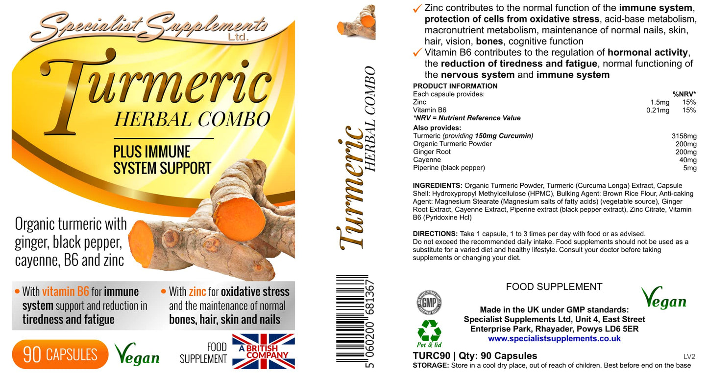 Specialist Supplements Turmeric Herbal Combo Plus Immune System Support 90 Capsules