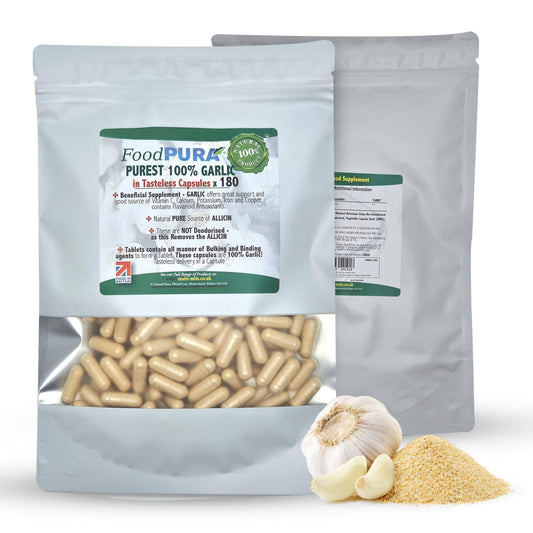 FoodPURA Pure Garlic Capsules Recommended Daily Strength 1000mg HACCP Certified, Manufactured in The UK by FoodPURA 1 Pack of 180 Capsules