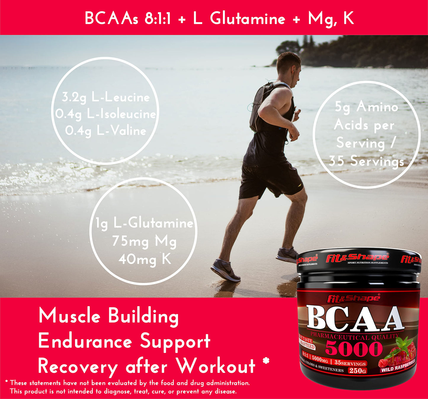 Fit&Shape F&S BCAA Powder 8:1:1 (Branched Chain Amino Acids) | L Glutamine, Magnesium, Potassium | Pre Workout Supplement | 35 Servings, 250g |Raspberry | Suitable for Vegans & Vegetarians