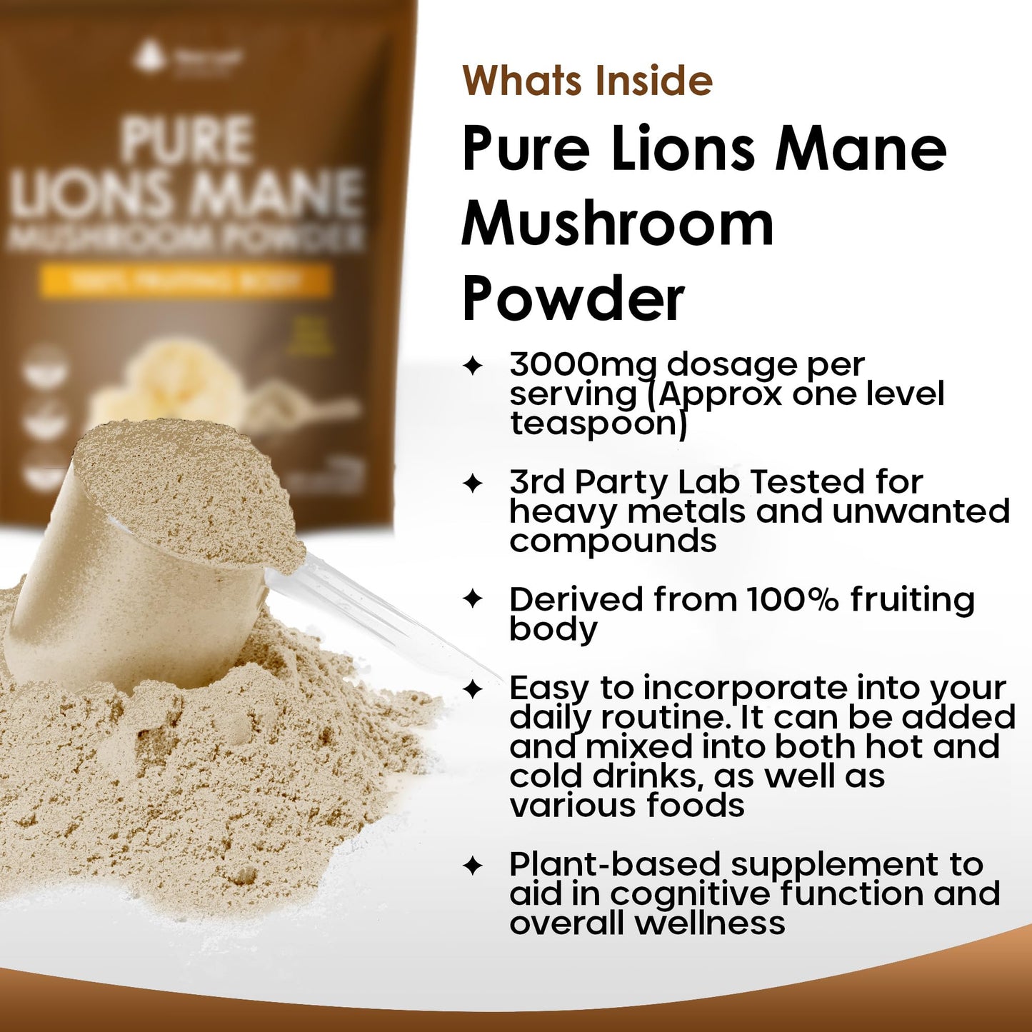 NEW LEAF PRODUCTS Lions Mane Mushroom Powder - Lions Mane Supplement High Strength 3000mg Mushroom Powder - 100% Fruiting Body Lion's Mane - 60 Servings Lions Mane Powder - Made in The UK by New Leaf