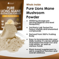 NEW LEAF PRODUCTS Lions Mane Mushroom Powder - Lions Mane Supplement High Strength 3000mg Mushroom Powder - 100% Fruiting Body Lion's Mane - 60 Servings Lions Mane Powder - Made in The UK by New Leaf