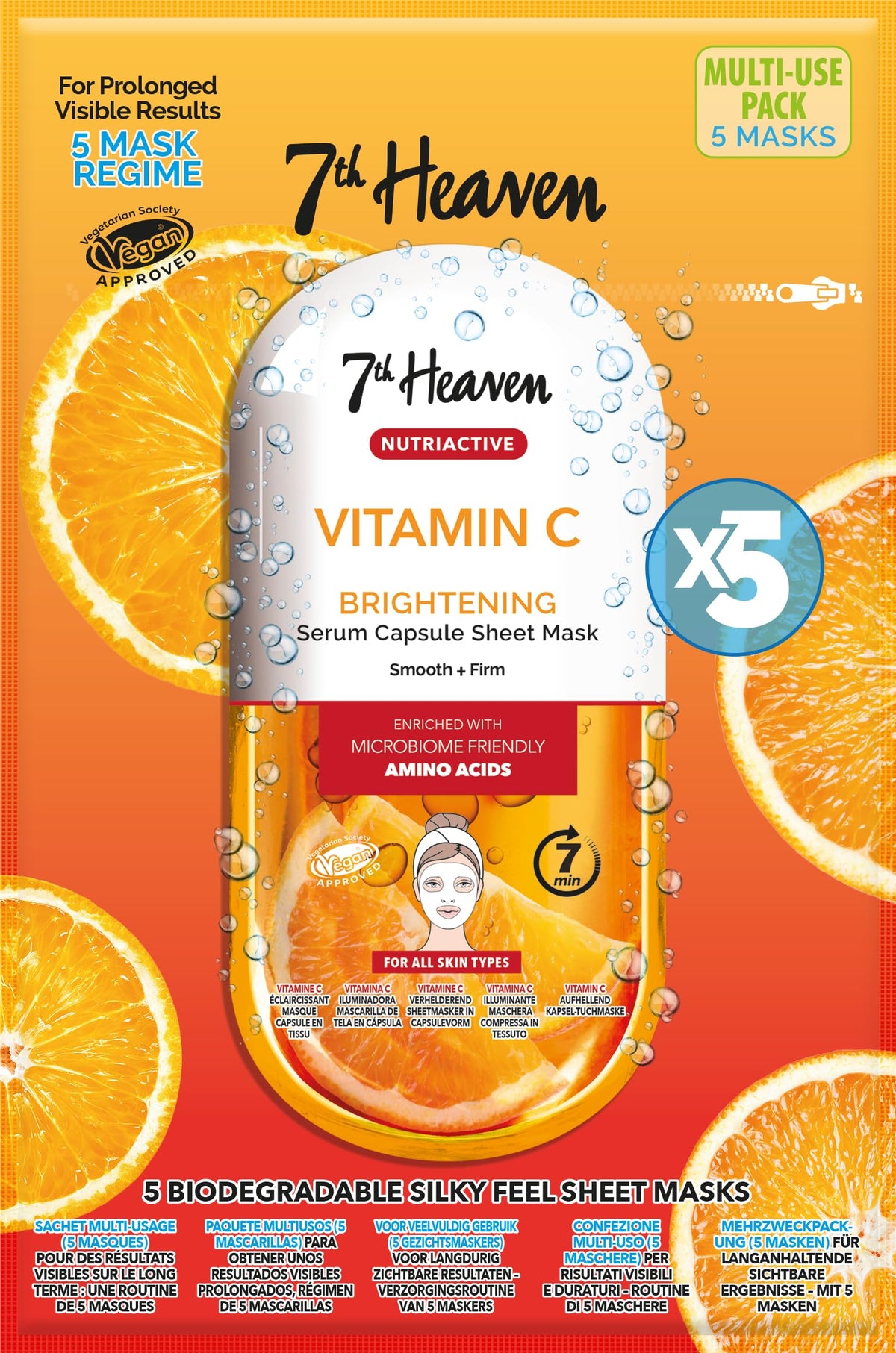 7th Heaven Nutriactive Vitamin C Sheet Masks Multipack (Pack of 5). Brightening Face Mask Set with Amino Acids. Vit C Serum Sheet Face Masks. Vegan Skin Care Set - Genuine 7th Heaven Face Masks