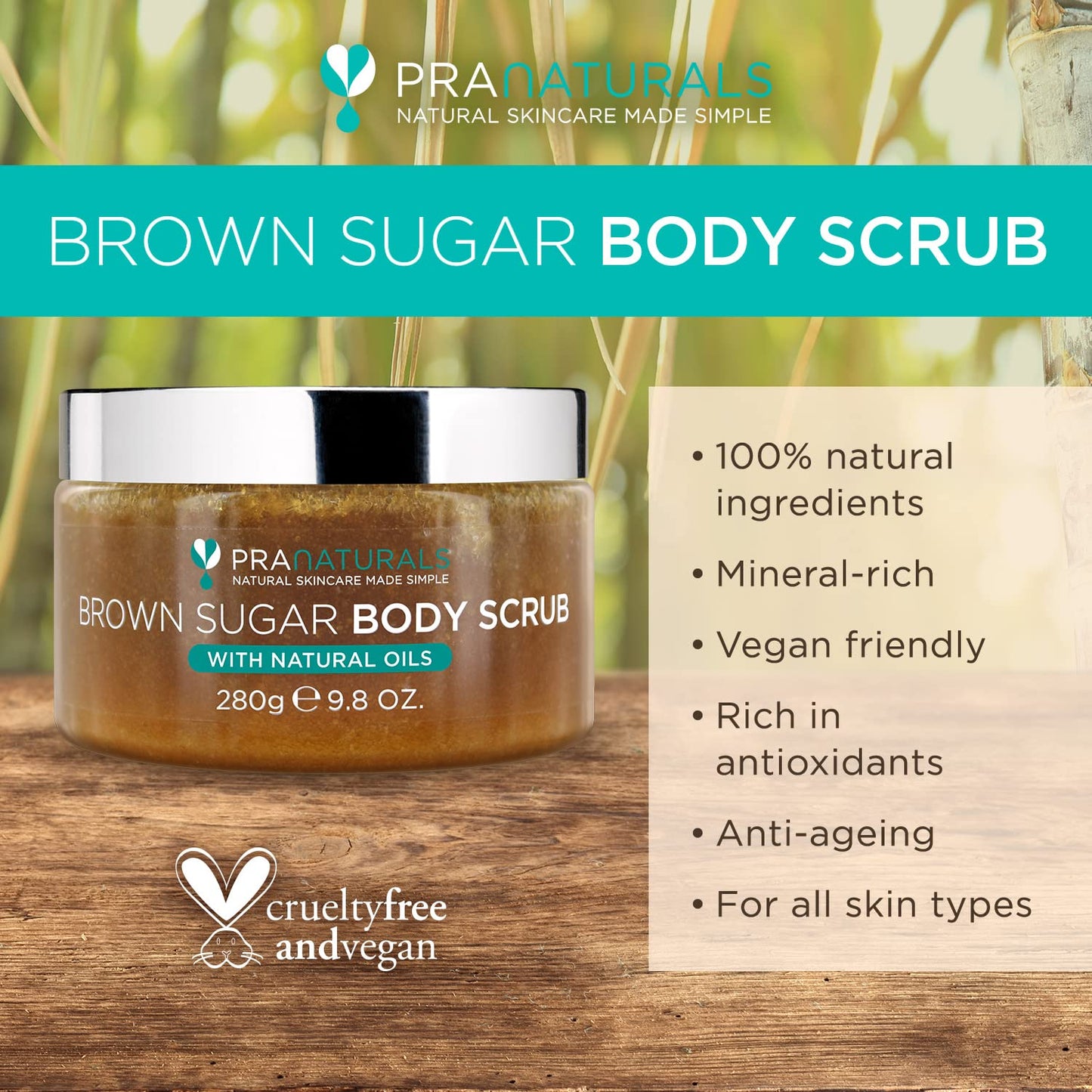 PraNaturals Brown Sugar Body Scrub - Natural Exfoliating Body Scrub - Gently Removes Dead, Dry Skin Cells - 280g