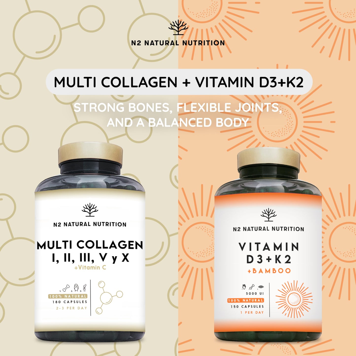 Multi Collagen Type I, II, III, V, X. Bovine, Marine Collagen Peptides 180 Capsules Enhanced with Vitamin C, for Joint Care, Skincare & Hair High Strength Collagen for Women & Men N2 Natural Nutrition