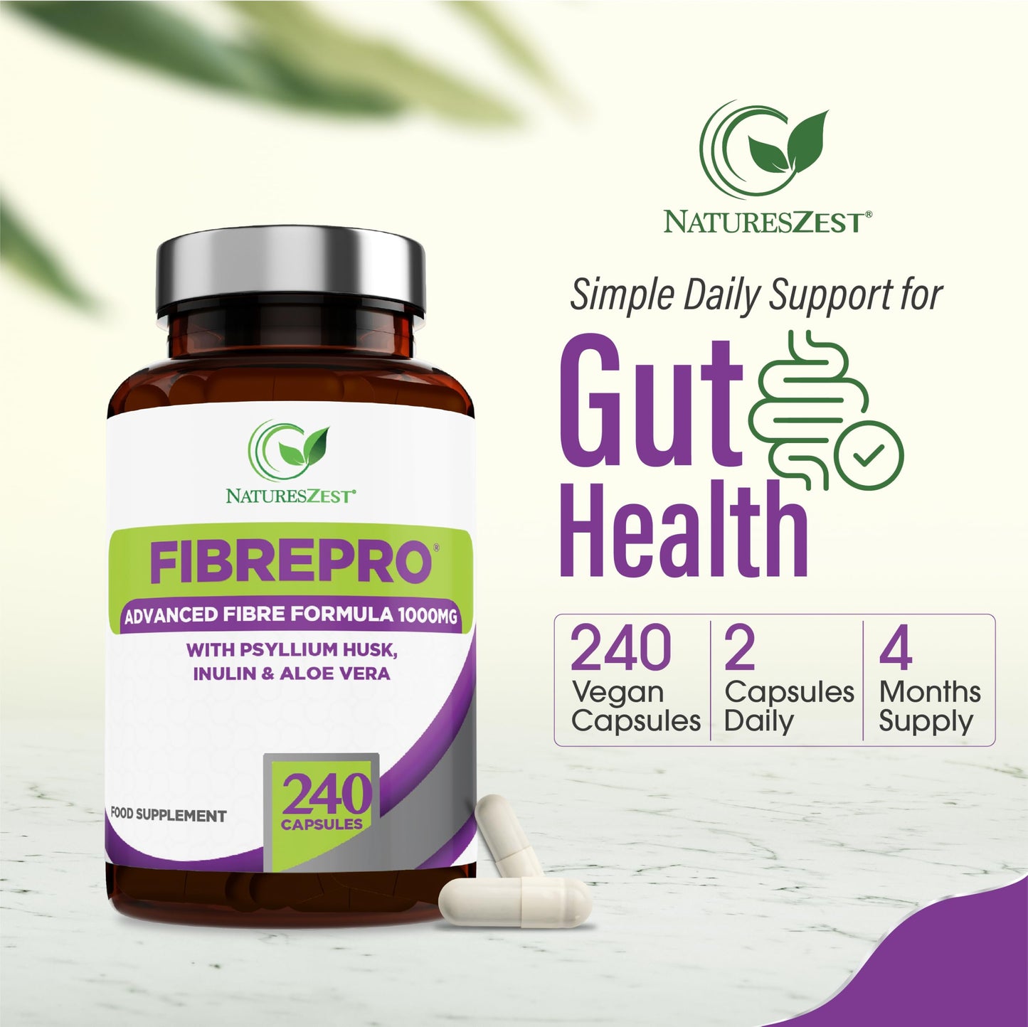 Natures Zest FibrePro 1000mg - Fibre Supplement -240 Psyllium Husk Capsules | High Strength Fiber Supplement Enriched with Prebiotic Inulin, Aloe Vera & Flaxseed | Vegan, Non GMO| UK Made - 4 Month Supply