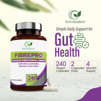 Natures Zest FibrePro 1000mg - Fibre Supplement -240 Psyllium Husk Capsules | High Strength Fiber Supplement Enriched with Prebiotic Inulin, Aloe Vera & Flaxseed | Vegan, Non GMO| UK Made - 4 Month Supply