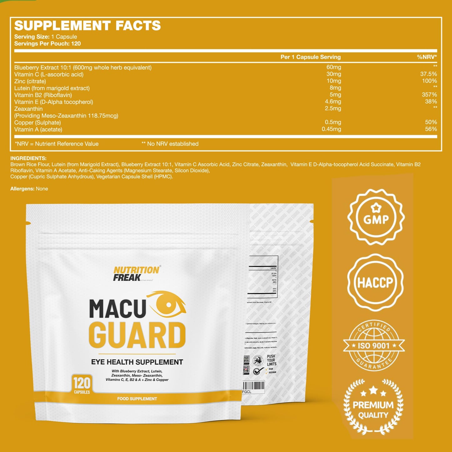 Freak Athletics MacuGuard+ Eye Supplement - 120 Capsules - Zeaxanthin, Meso Zeaxanthin, Lutein, Blueberry Extract Plus Vitamins and Minerals - Premium UK Made