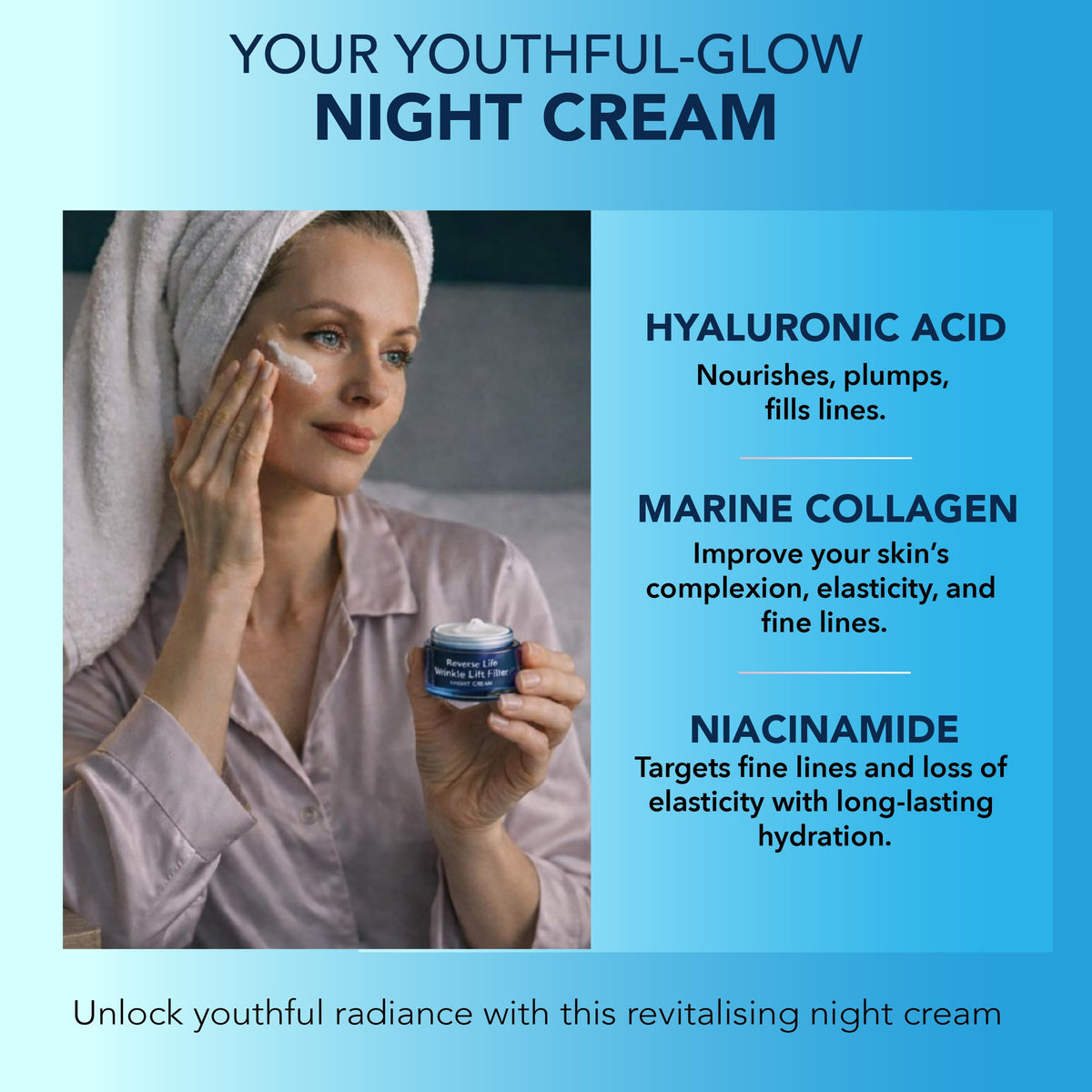 Reverse Life - Night Cream - Face Cream for Wrinkles with Lifting and Filling Properties - Contains Hyaluronic Acid, Marine Collagen & Retinol - 50ml