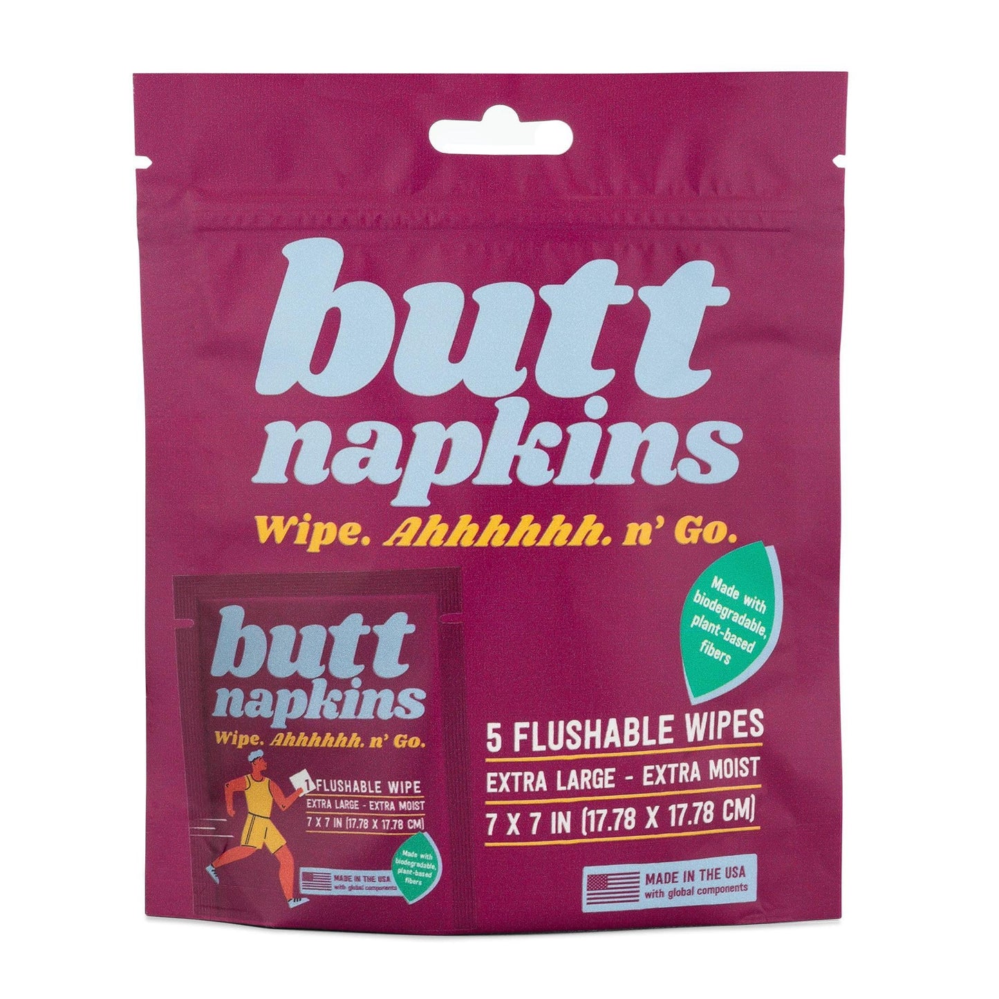 Drankful Butt Napkins - Water-Based Flushable Wipes, Individually Wrapped, For On-The-Go & Travel, Running, Camping, Festivals. Unscented & Hypoallergenic, Adult Sized (Running, 5 Count (Pack of 1))