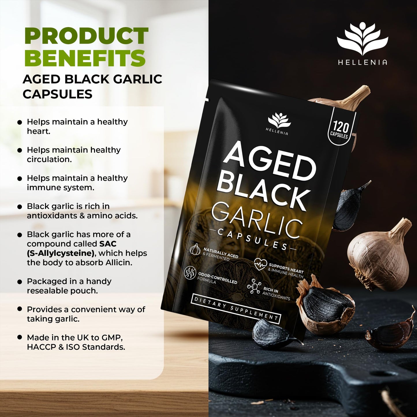 Aged Black Garlic 12,000mg - 120 Capsules | Black Garlic Bulb Extract 100:1 | Aged for Over 6 Months | Antioxidant and Cholesterol Support | Gluten Free - Made in the UK by Hellenia