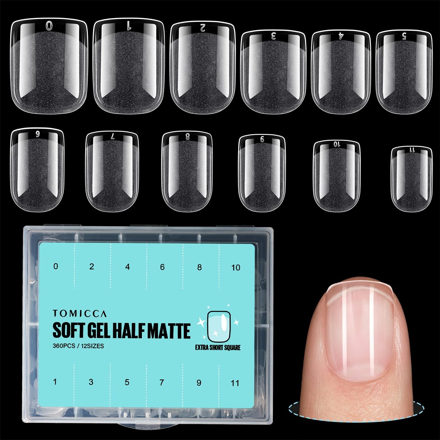 TOMICCA Square Shaped Extra Short Nail Tips - 360PCS Half Matte Soft Gel, No File Needed- Full Cover False Nails, Clear Acrylic & Strong Tips for Press On Extension - 12 Sizes
