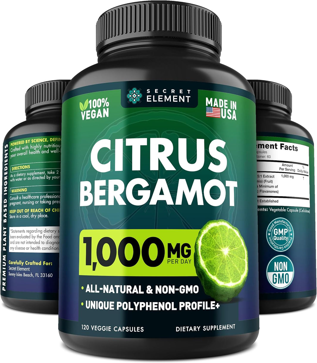 Secret Element Citrus Bergamot Extract 1000mg - Organic Citrus Bergamot Supplement for Heart, Immune System Support, and Healthy Aging - Pure, Vegan Bergamot Capsules