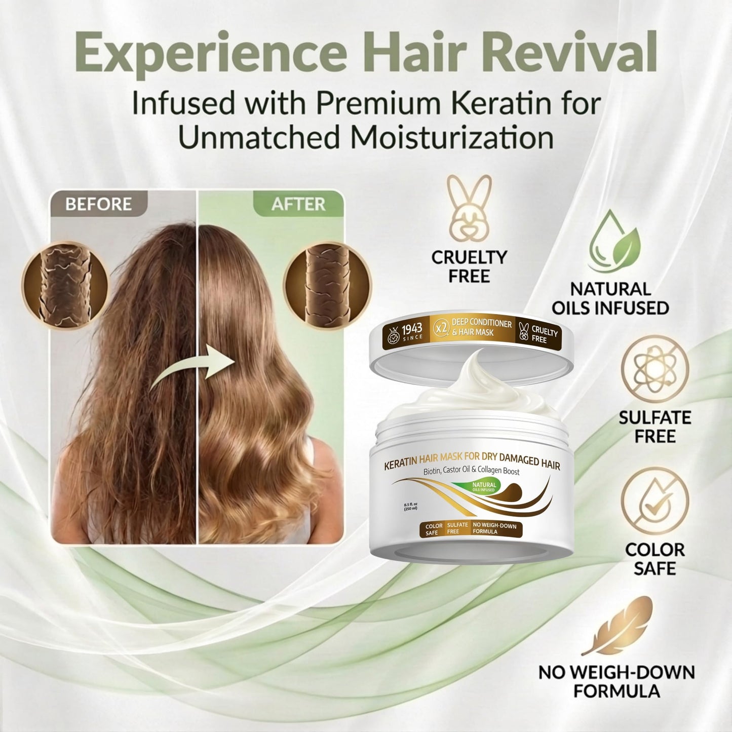 VITAMINS hair cosmetics VITAMINS Hair Cosmetics Keratin Hair Mask for Damaged Hair - Protein Keratin Treatment Deep Conditioner for Dry Locks - Collagen Biotin & Castor Oil Repair Dryness & Enhance Shine - 250 ML