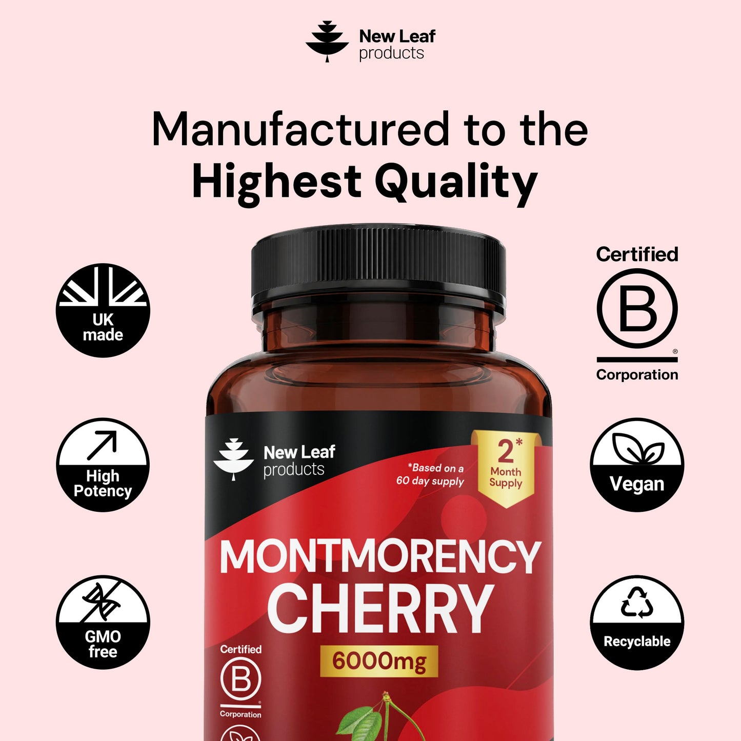 NEW LEAF PRODUCTS Montmorency Cherry 6000mg - 120 Capsules High Strength Concentrate - Natural Tart Cherry Vegan Supplements (not Tablets or Powder) - Non-GMO, 2 Months Supply - (2 per Serving) Made in the UK