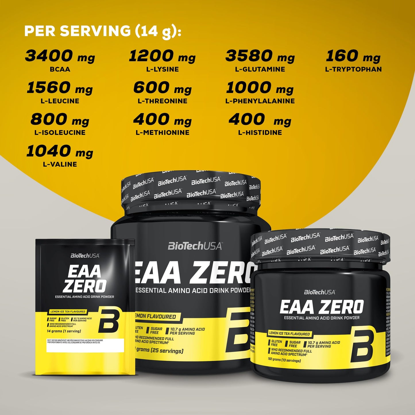 BioTechUSA EAA Zero - Essential Amino Acid Power | 7160mg EAA/serv. | WHO Recommended Ratio | Sugar-Free, Gluten-Free, 350 g, Lemon Ice Tea