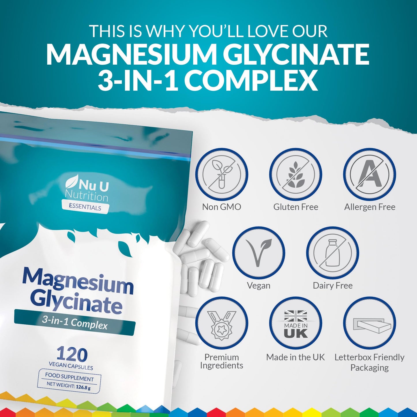 Magnesium Glycinate 3-in-1 Complex 1813mg - 120 Vegan Capsules - Triple High Absorption Bisglycinate, Citrate & Malate - 384mg Elemental Mag per Serving - Made in The UK - Nu U Nutrition