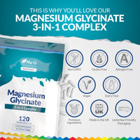Magnesium Glycinate 3-in-1 Complex 1813mg - 120 Vegan Capsules - Triple High Absorption Bisglycinate, Citrate & Malate - 384mg Elemental Mag per Serving - Made in The UK - Nu U Nutrition
