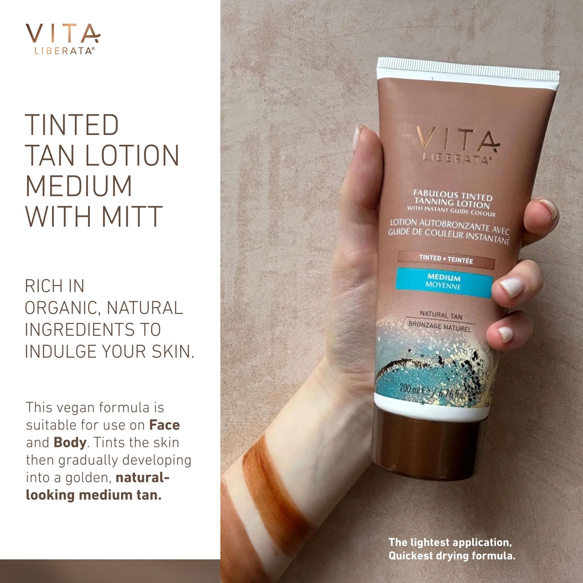 VITA LIBERATA Tinted Tan Lotion Medium 200ml & Mitt Bundle, Hydrating Tanning Lotion, Sun-Kissed Tan, Designed for Face & Body Use, Tinted, Lasting Tan, Streak Free Blend