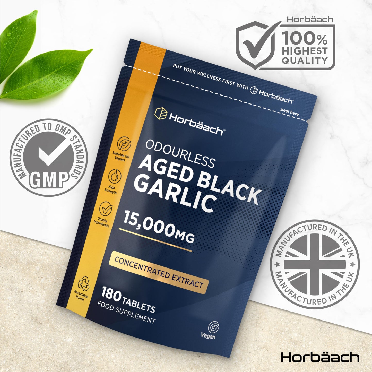 Horbäach Black Garlic Tablets 15,000mg | 180 Count | High Strength Odourless Concentrated Extract (100:1) | Aged Black Garlic Vegan Supplement | by Horbaach