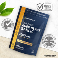 Horbäach Black Garlic Tablets 15,000mg | 180 Count | High Strength Odourless Concentrated Extract (100:1) | Aged Black Garlic Vegan Supplement | by Horbaach