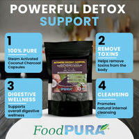 FoodPURA Coconut Activated Charcoal Capsules 1500mg x 180 100% Natural Vegan Digestive Supplement Reduces Bloating & Flatulence After Eating (180)