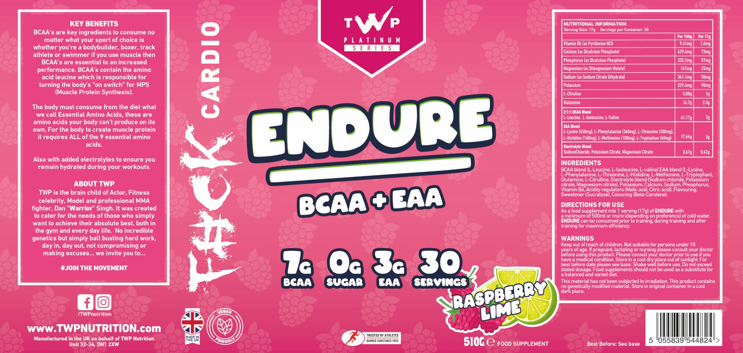 TWP Nutrition Platinum Series Endure, EAAs & BCAAs Electrolyte Blend Pre, Intra and Post Workout, Zero Sugar, 510g and 30 Servings, 18 Great Flavours (Raspberry Lime)