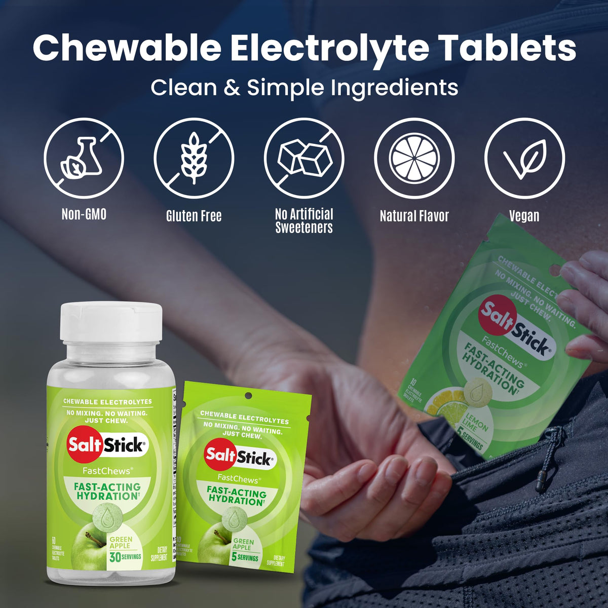 SaltStick Fastchews, Electrolyte Replacement Tablets for Rehydration, Exercise Recovery, Youth & Adult Athletes, Hiking & Sports Recovery, 1 x Packet of 10 Tablets (Green Apple)