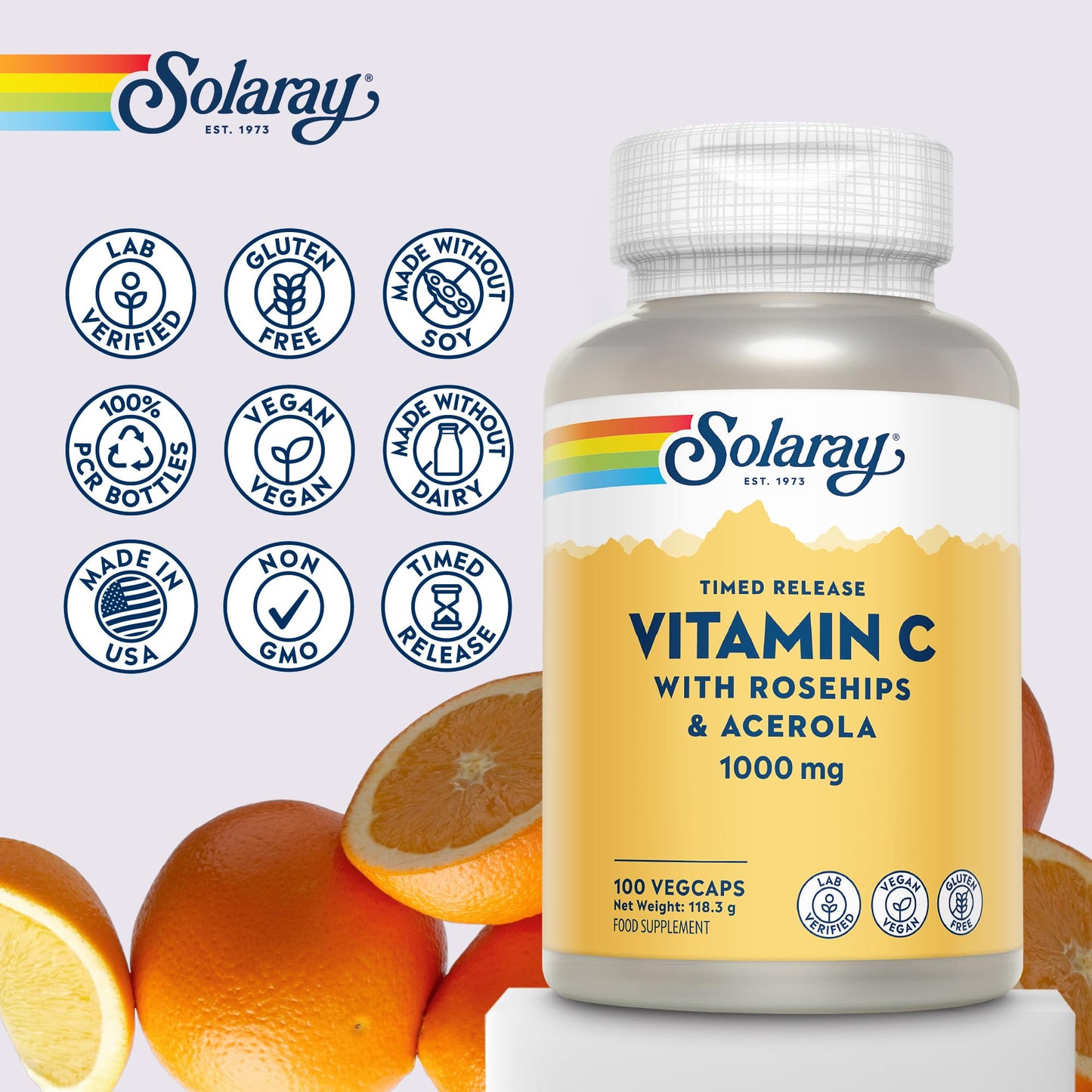 SOLARAY Vitamin C 1000mg - 100 Vegan Capsules not Tablets - High Strength VIT C Supplement with Ascorbic Acid, Acerola Cherry and Rosehip - Lab Verified - Solaray