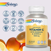 SOLARAY Vitamin C 1000mg - 100 Vegan Capsules not Tablets - High Strength VIT C Supplement with Ascorbic Acid, Acerola Cherry and Rosehip - Lab Verified - Solaray