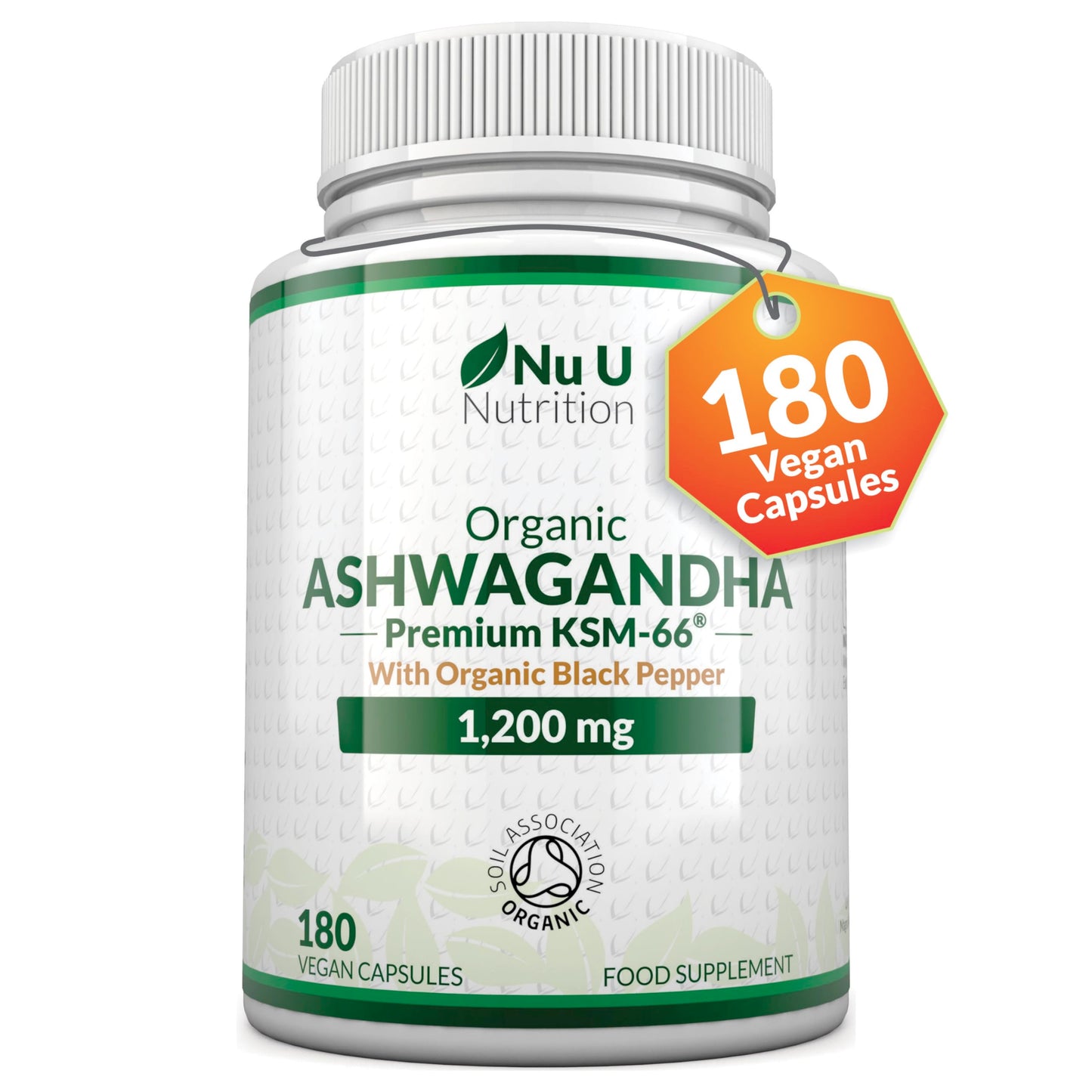 Organic Ashwagandha KSM-66® 1200mg - 180 Vegan Capsules not Tablets - High Strength Ashwaganda Root Extract with Organic Black Pepper - Made in The UK - Nu U Nutrition