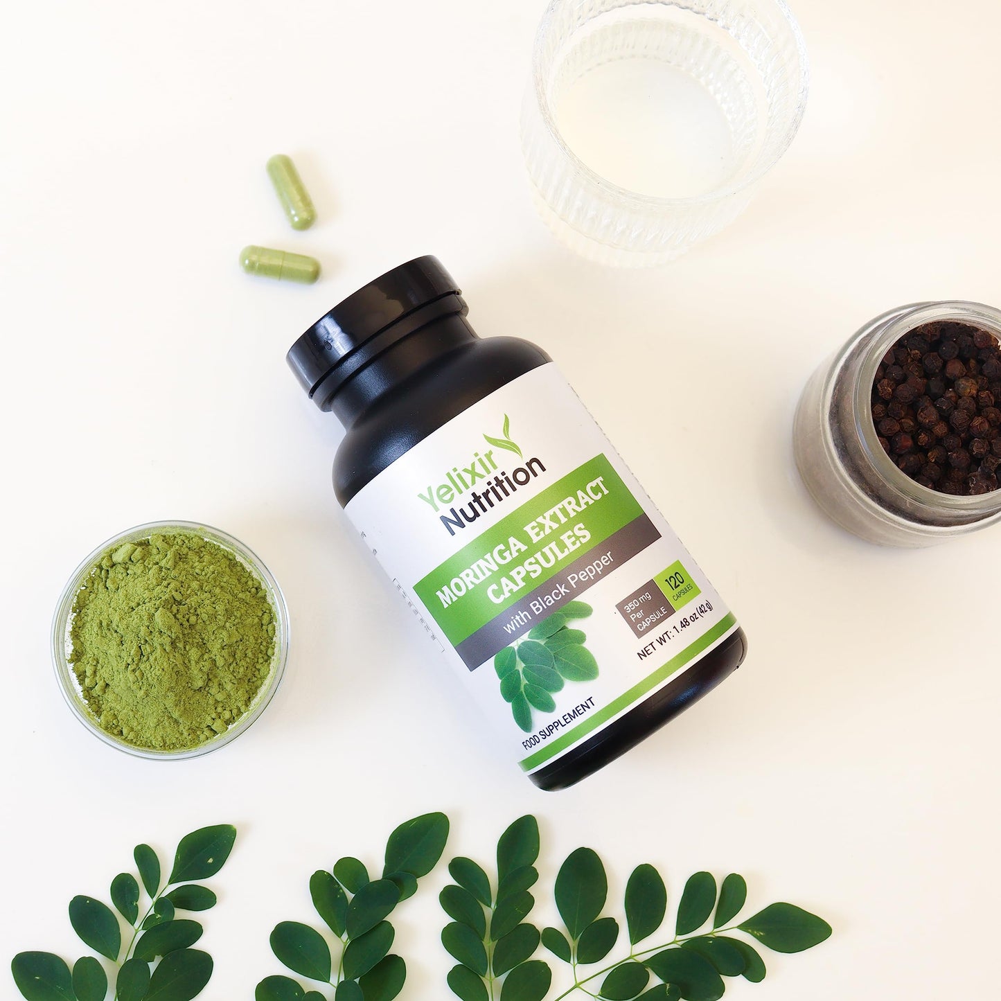 Yelixir Nutrition Moringa Capsules 5450mg, 120 Vegan Capsules, High Strength Moringa Leaf Extract with Black Pepper, Pure Formula with No Added Fillers