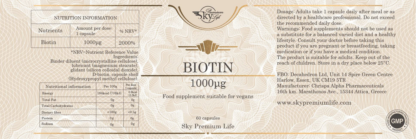 Sky Premium Life Biotin 1000 µg Food Supplement - 60 Capsules