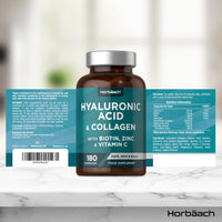Horbäach Hyaluronic Acid Supplement with Collagen | 180 Capsules | High Strength Complex with Biotin, Zinc and Vitamin C | Hair, Skin and Nails Formula | by Horbaach