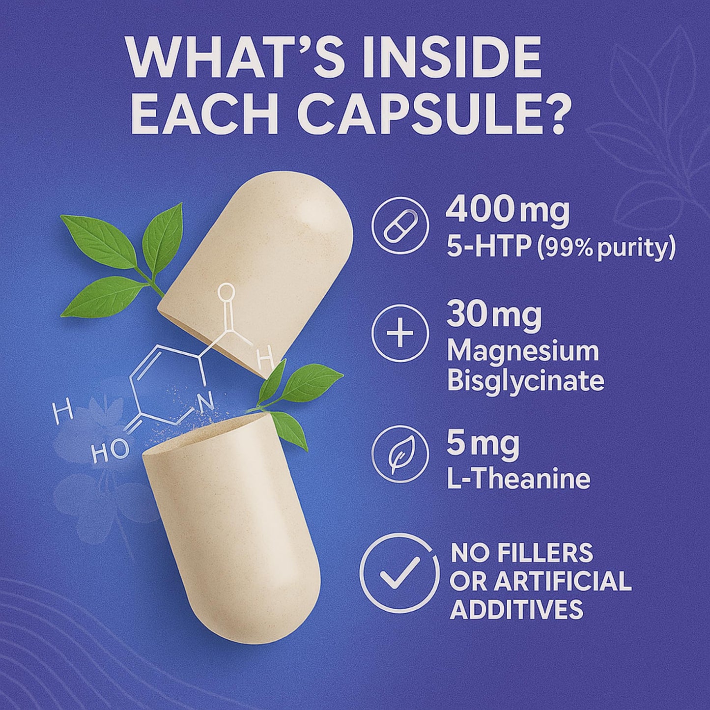 5HTP Supplement, 400mg High Strength 5 HTP Griffonia Complex 99% Purity with Magnesium Bisglycinate and L-Theanine, Sleep and Mood Support, 90 Capsules