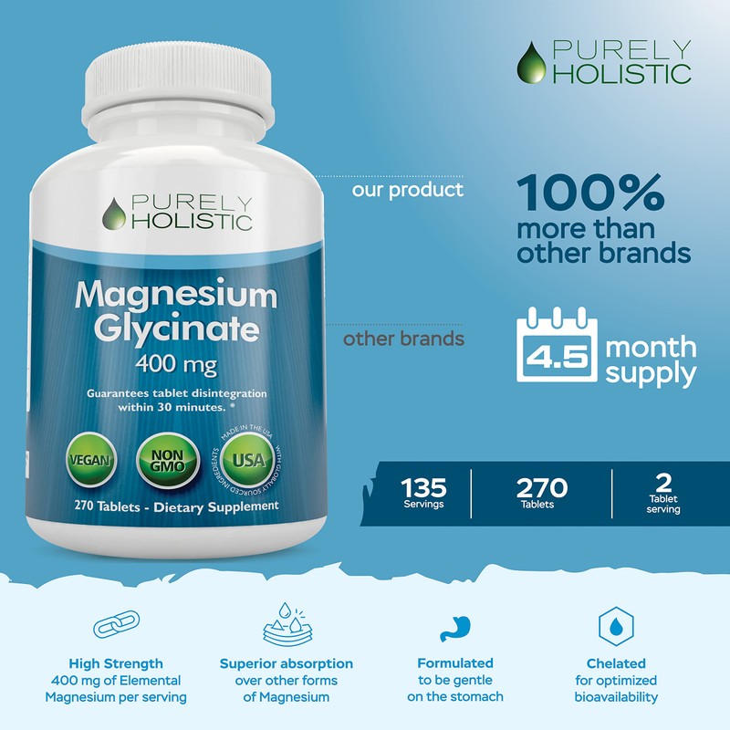 Purely Holistic Magnesium Glycinate 400mg - 270 Magnesium Tablets - 400 mg Elemental Magnesium - Highly Bioavailable - Vegan and Vegetarian - for Improved Sleep, Stress Relief & Cramp Defense