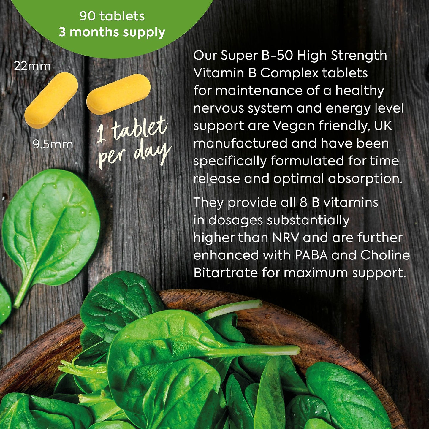 Just Vitamins Super Vitamin B-50 Complex | x90 High Strength Tablets Containing All 8 B Vitamins - VIT B1 Thiamine, B2, B3 Niacin, B5, B6, B7 Biotin, Inositol, B9 Folic Acid & B12. UK Made from Non Yeast Source