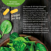 Just Vitamins Super Vitamin B-50 Complex | x90 High Strength Tablets Containing All 8 B Vitamins - VIT B1 Thiamine, B2, B3 Niacin, B5, B6, B7 Biotin, Inositol, B9 Folic Acid & B12. UK Made from Non Yeast Source