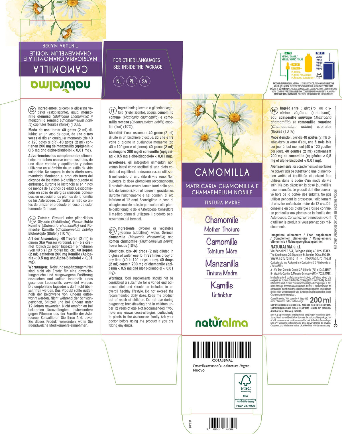German and Roman Chamomile (Matricaria chamomilla and Chamaemelum nobile) Flower Heads Alcohol-Free Mother Tincture Naturalma - Liquid Extract Drops 200 ml - Food Supplement - Vegan